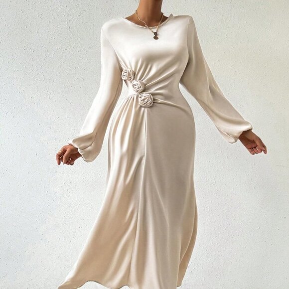 Apricot Preppy WomensWomen's Round Neck 3d Flower Decorated Lantern Sleeve Dress - Picture 5 of 5